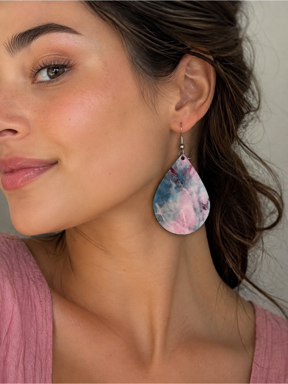 Amazon Pink and Blue Marble Teardrop Earrings